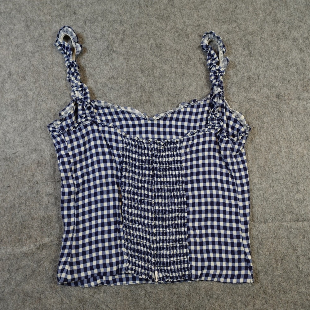 Reformation Top Womens 2 Havana Gingham Check Navy White Ruffle Strap Sweetheart - Picture 3 of 7